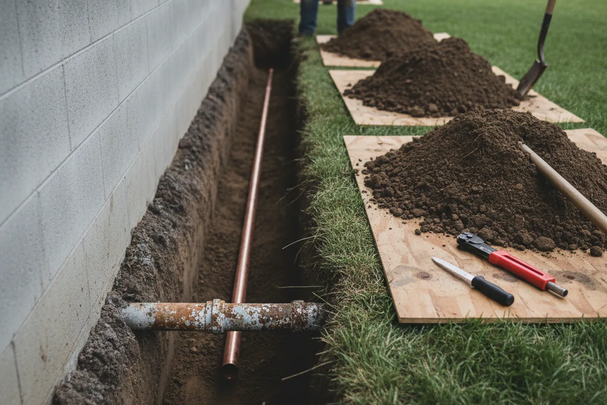 Excavated water line trench during Sewer Line Repair in Rancho Mirage